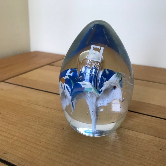 Mdina Studio Art Glass Egg Paperweight Controlled Bubble Blue Flower Signed - Picture 1 of 12